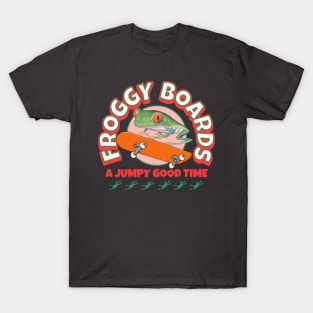 Funny and Cute Flying Frogs with a Red Eyed Tree Frog riding a  skateboard having a jumpy good time tee T-Shirt